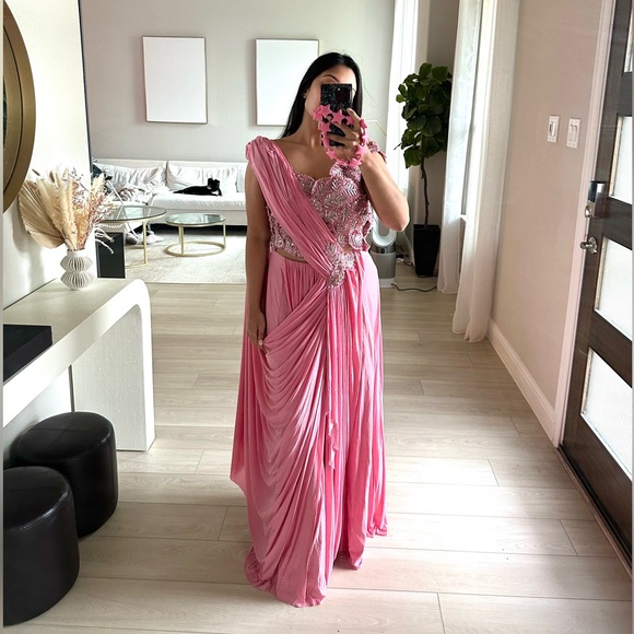Indian Light Pink & Silver Draped Saree Lehenga - Picture 1 of 10